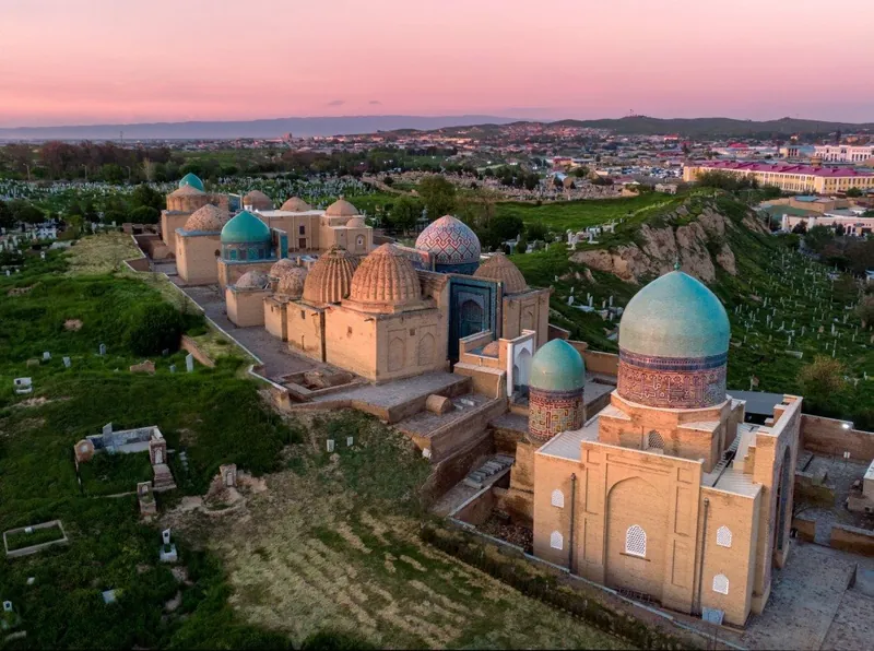 The Shah-i-Zinda necropolis in Samarkand from above at sunset
